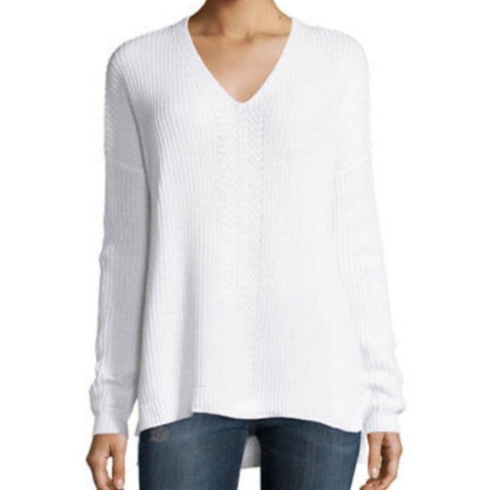 VINCE Ribbed V-Neck Knit Optic White Sweater
